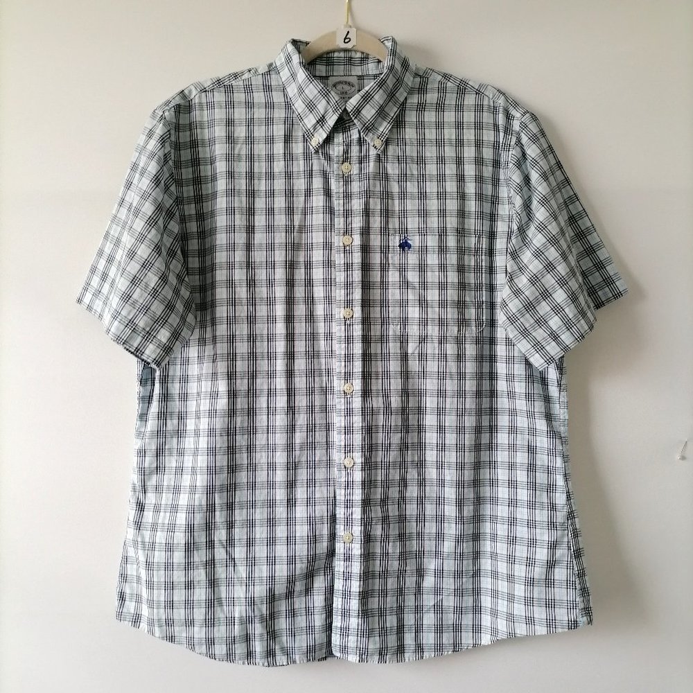 Brooks Brother Mens Blue Plaid Short Sleeve Regent Fit Button Down Shirt L